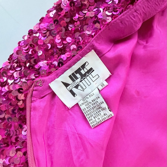 Vintage 1980s Night Line Silk Barbie Pink Sequin Sleeveless Dress Size 10 M - Picture 11 of 16